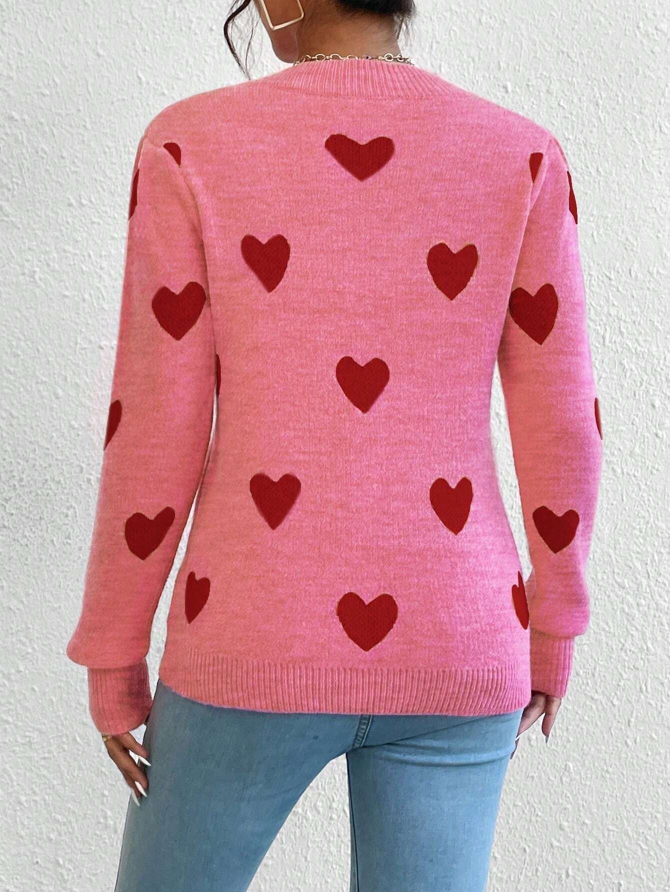 Leisure Heart Jacquard Long Sleeve Crew Neck Pullover Sweater