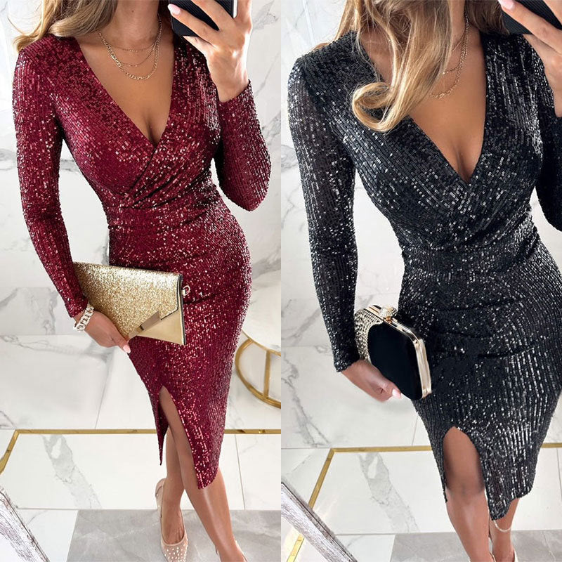 Women's Split V-neck Sequined Solid Color Dress