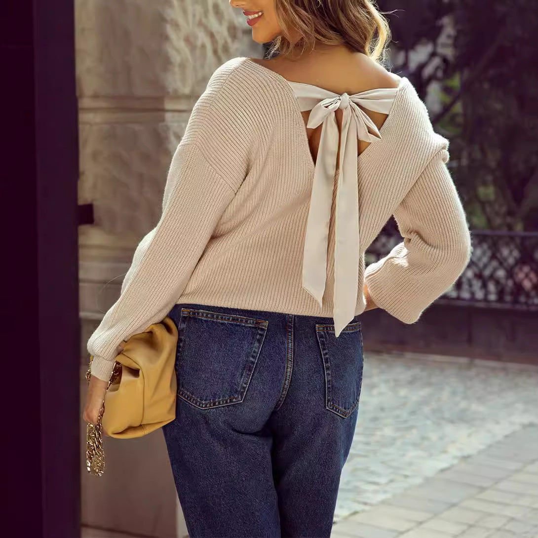 Women's Long Sleeve Casual Loose Bow Top