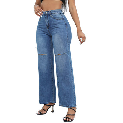 Elegant Ripped Wide-leg Jeans Women