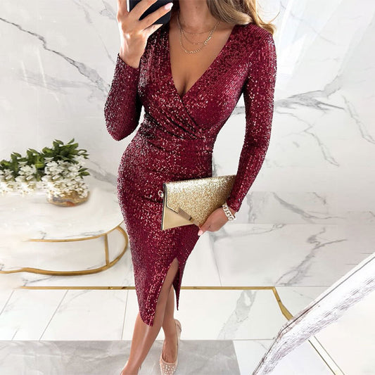 Women's Split V-neck Sequined Solid Color Dress