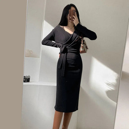 V-neck Lace-up Long Sleeve Dress Women