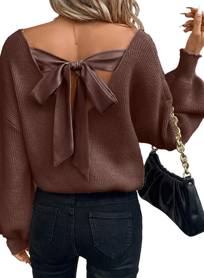 Women's Long Sleeve Casual Loose Bow Top