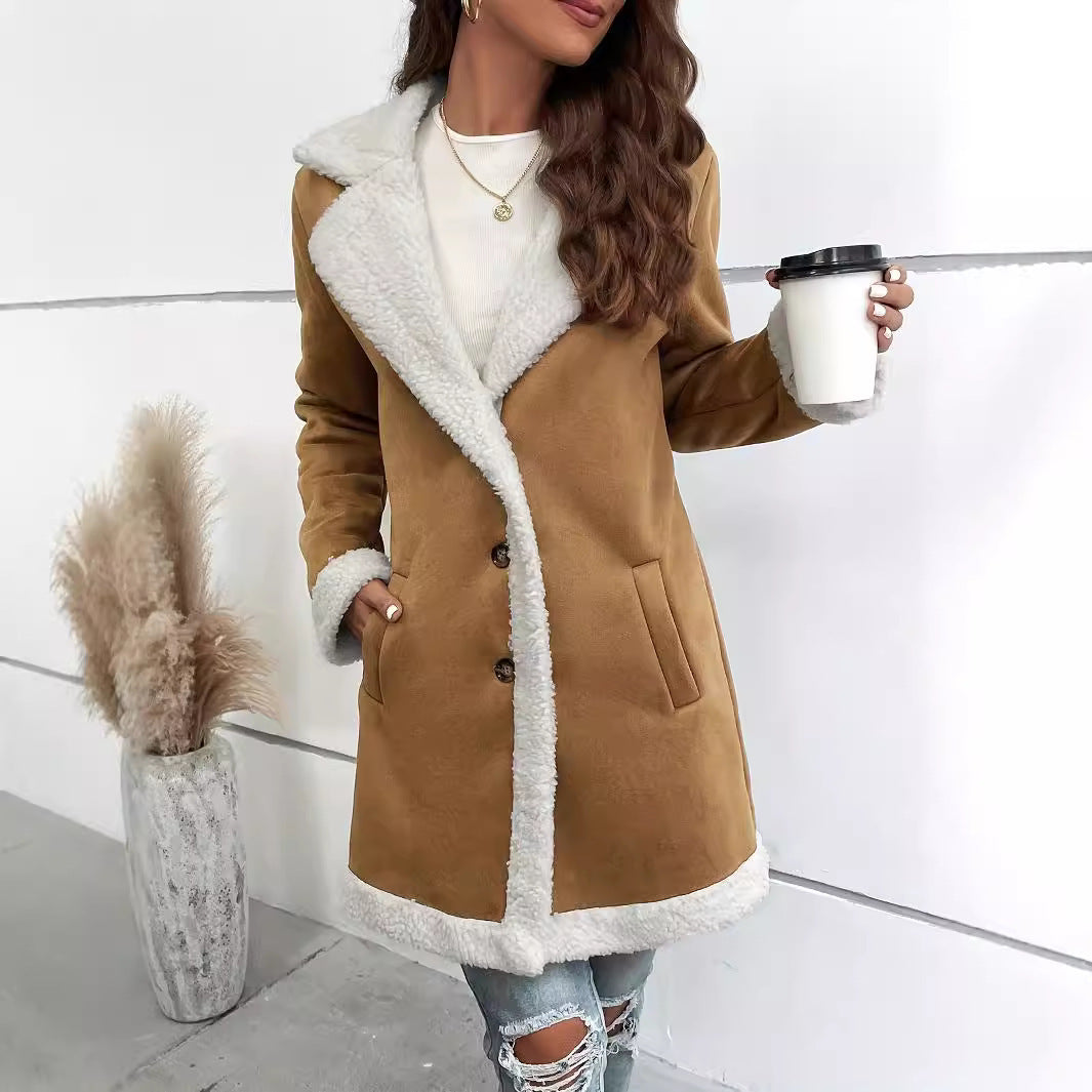 Women's Long-sleeved Lapel Deerskin Velvet Thick Woolen Coat